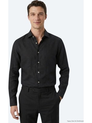 Kip Siyah Regular Fit Uzun Dokuma Casual Pamuk Karışımlı Gömlek