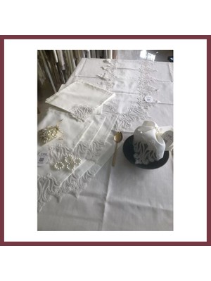 Storeşahin Sofra Takımı 155X220 cm Masa Seti Keten Dantelli Dekoratif Gülse Model Yemek Masası Örtüsü Krem SHN0720