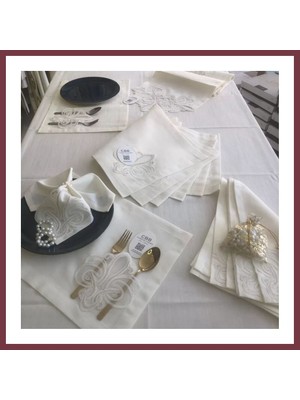 Storeşahin Sofra Takımı Taç Gardenya Keten Yemek Takımı 160X260 Masa Seti 26 Parça Runner Set Krem SHN0720
