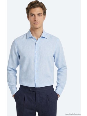 Kip Mavi Regular Fit Uzun Dokuma Casual Pamuk Karışımlı Gömlek