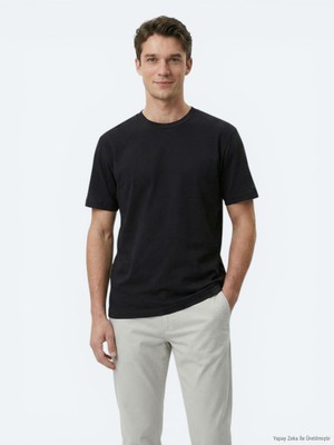 Kip Siyah Düz Pamuk Karışımlı T-Shirt