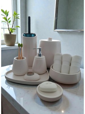Trust Stone Kırık Beyaz Beton Banyo Seti,tuvalet Wc,çöp Kovası,katı,sıvı Sabunluk,tepsi,dekorasyon,aksesuar