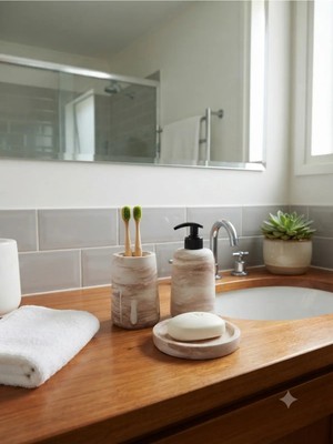 Trust Stone Bej Mermer Desenli Dekoratif Banyo Seti