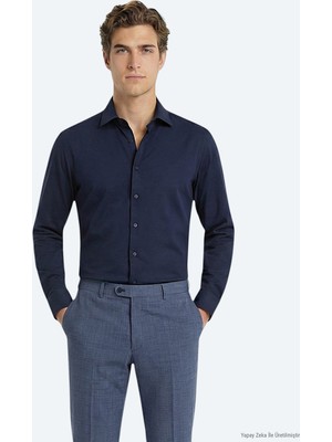 Kip Lacivert Düz Slim Fit Uzun Dokuma Klasik Pamuk Karışımlı Gömlek
