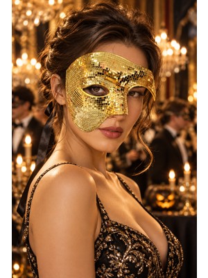 Dodomar Gold Tek Göz Venedik Maskesi Parlak Disko Mozaik Desenli Parti Maskesi Halloween Cadılar Bayramı