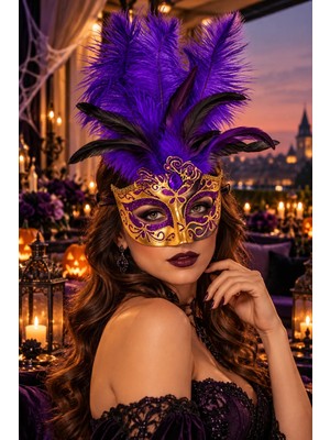 Dodomar Mor Gold Tüylü Venedik Maskesi Taşlı Simli Yılbaşı Halloween Cadılar Bayramı Balo Parti Maskesi