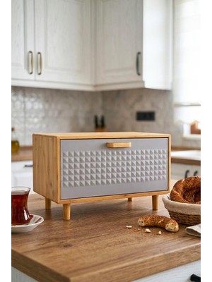 Atbyhome Bambu Gövdeli Gri Pane Ekmek Dolabı 36x23x24 cm - Demonte Ayaklı Tezgah Üstü Ekmeklik