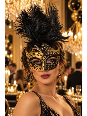 Dodomar Maske Siyah Gold Tüylü Venedik Maskesi Taşlı Simli Yılbaşı-Halloween Parti
