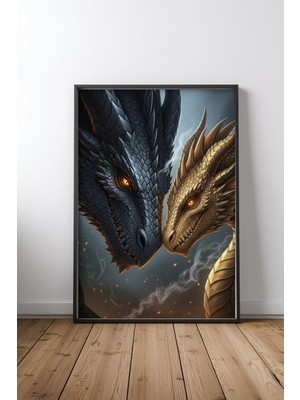 Two Dragons Face To Face Çerçeveli Tablo Poster Salon Duvar Dekoru Hediye