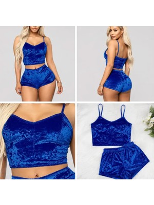 Ece's Design Ece's Kadife Pijama Takımı Şort 2'li Set Yumuşak Ev Giyim Mavi W2001