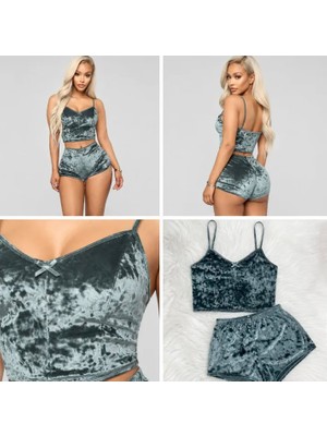 Ece's Design Ece's Kadife Pijama Takımı Şort 2'li Set Yumuşak Ev Giyim Gri W2001