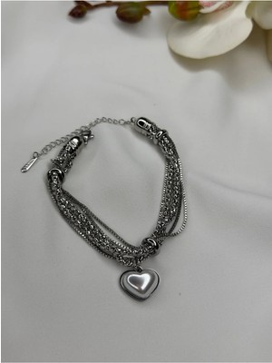 Kalp Charm Çok Sıralı Gümüş Renk Bileklik
