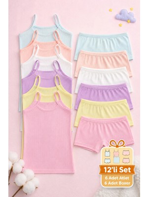Meyzz Kız Çocuk 12'li Atlet Boxer Seti 6 Atlet + 6 Boxer Yumuşak Pamuklu Takım