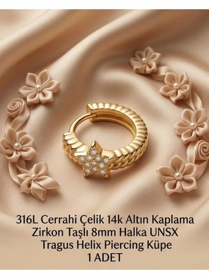 Lunexa 316L Cerrahi Çelik Altın Kaplama Kararmaz Alerji Yapmaz Zirkon Taş Figür 1 Adet Unisex Minimal Halka Tragus Helix Küpe Piercing A503-1