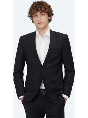 Kip Lacivert Düz Slim Fit Yün Karışımlı Takım Elbise