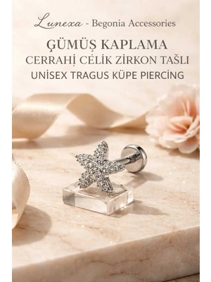 Lunexa 316L Cerrahi Çelik Paslanmaz Kararmaz Alerji Yapmaz Zirkon Taşlı Figürlü Unisex Tragus Küpe Piercing