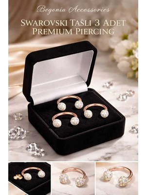 Lunexa Antialerjik 316L Cerrahi Çelik Antialerjik Taşlı Şambala 3 Adet Rose Gold Halka Piercing Set