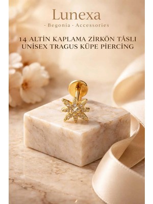Lunexa 316L Cerrahi Çelik Altın Kaplama Kararmaz Alerji Yapmaz Zirkon Taş Figür Unisex Tragus Küpe Piercing