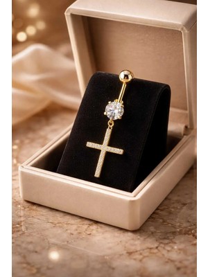Lunexa 316L Cerrahi Çelik Fashion Zirkon Taşlı Gold Haç Göbek Piercing
