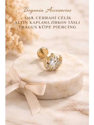 Lunexa 316L Cerrahi Çelik Altın Kaplama Kararmaz Alerji Yapmaz Zirkon Taş Figür Unisex Tragus Küpe Piercing