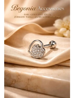 Lunexa 316L Cerrahi Çelik Zirkon Taşlı Kalp Kıkırdak Tragus Piercing