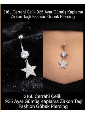 Lunexa 316L Cerrahi Çelik 925 Ayar Gümüş Kaplama Zirkon Taşlı Özel Tasarım Figürlü Göbek Piercing - Paslanmaz Kararmaz Anti Alerjik Kadın Belly Button Piercing Göbek Takısı- 1606-1