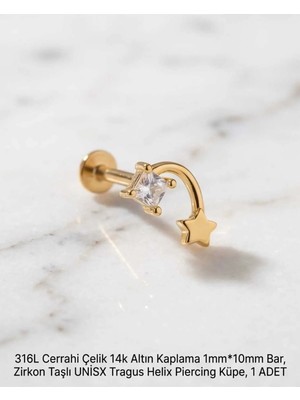 Lunexa 316L Cerrahi Çelik Altın Kaplama Kararmaz Alerji Yapmaz Zirkon Taş Figür Unisex Tragus Helix Küpe Piercing A429-48