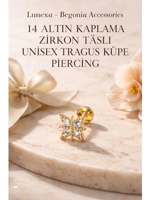 Lunexa 316L Cerrahi Çelik Altın Kaplama Kararmaz Alerji Yapmaz Zirkon Taş Figür Unisex Tragus Küpe Piercing