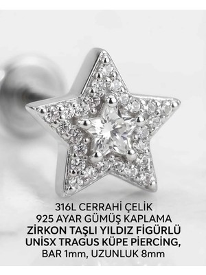 Lunexa 316L Cerrahi Çelik Paslanmaz Kararmaz Alerji Yapmaz Zirkon Taşlı Figürlü Unisex Tragus Küpe Piercing
