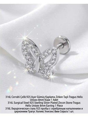 Lunexa 316L Cerrahi Çelik Paslanmaz Kararmaz Alerji Yapmaz Zirkon Taşlı Figürlü Unisex Tragus Helix Küpe Piercing GC210-9