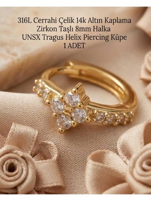 Lunexa 316L Cerrahi Çelik Altın Kaplama Kararmaz Alerji Yapmaz Zirkon Taş Figür 1 Adet Unisex Minimal Halka Tragus Helix Küpe Piercing A503-11