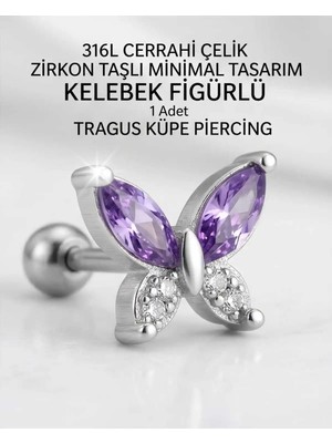 Lunexa 316L Cerrahi Çelik Paslanmaz Kararmaz Alerji Yapmaz Zirkon Taşlı Figürlü Unisex Tragus Küpe Piercing