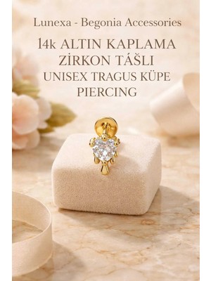 Lunexa 316L Cerrahi Çelik Altın Kaplama Kararmaz Alerji Yapmaz Zirkon Taş Figür Unisex Tragus Küpe Piercing