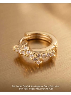 Lunexa 316L Cerrahi Çelik Altın Kaplama Kararmaz Alerji Yapmaz Zirkon Taş Figür Unisex Tragus Helix Küpe PIERCING-238A-20