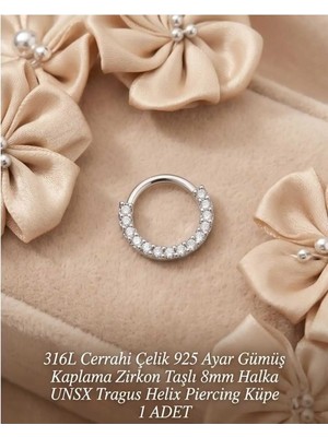 Lunexa 316L Cerrahi Çelik Gümüş Kaplama Kararmaz Alerji Yapmaz Zirkon Taş Figür 1 Adet Unisex Minimal Halka Tragus Helix Küpe Piercing G503-7