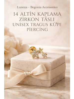 Lunexa 316L Cerrahi Çelik Altın Kaplama Kararmaz Alerji Yapmaz Zirkon Taş Figür Unisex Tragus Küpe Piercing