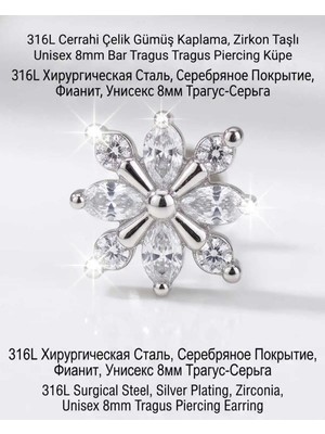 Lunexa 316L Cerrahi Çelik Gümüş Kaplama Kararmaz Alerji Yapmaz Zirkon Taş Figür Unisex Tragus Helix Küpe PIERCING-238-22