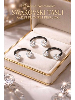 Lunexa Antialerjik 316L Cerrahi Çelik Antialerjik Taşlı Şambala 3 Adet Siyah Halka Piercing Set