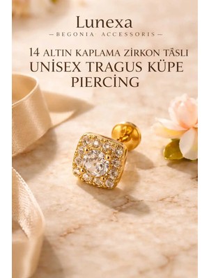 Lunexa 316L Cerrahi Çelik Altın Kaplama Kararmaz Alerji Yapmaz Zirkon Taş Figür Unisex Tragus Küpe Piercing