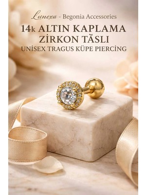 Lunexa 316L Cerrahi Çelik Altın Kaplama Kararmaz Alerji Yapmaz Zirkon Taş Figür Unisex Tragus Küpe Piercing