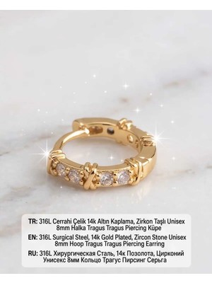 Lunexa 316L Cerrahi Çelik Altın Kaplama Kararmaz Alerji Yapmaz Zirkon Taş Figür Unisex Tragus Helix Küpe PIERCING-238A-15