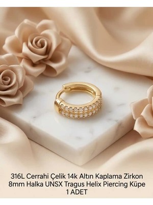 Lunexa 316L Cerrahi Çelik Altın Kaplama Kararmaz Alerji Yapmaz Zirkon Taş Figür 1 Adet Unisex Minimal Halka Tragus Helix Küpe Piercing A503-2