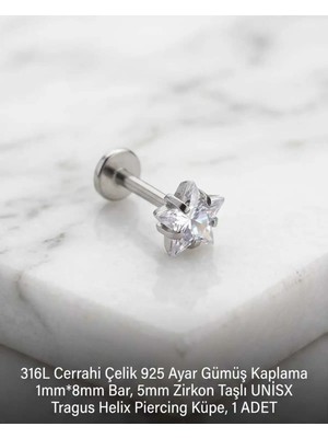 Lunexa 316L Cerrahi Çelik Paslanmaz Kararmaz Alerji Yapmaz Zirkon Taşlı Figürlü Unisex Tragus Helix Küpe Piercing G429-1