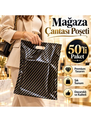 Yok Yok Ambalaj Siyah Gold Çizgili Hediyelik Eşya Poşeti Mağaza Çantası 50 Adet