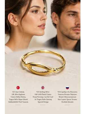 Lunexa 936 Ayar Gümüş 14K Altın Kaplama Zirkon Taşlı Unisex Hızma Küpe Çivi Halka Minimal Tragus Helix Modern TASARIM-309-13