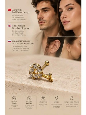 Lunexa 934 Ayar Gümüş 14K Altın Kaplama Zirkon Taşlı Unisex Hızma Küpe Çivi Halka Minimal Tragus Helix Modern TASARIM-309-11