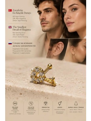 Lunexa 934 Ayar Gümüş 14K Altın Kaplama Zirkon Taşlı Unisex Hızma Küpe Çivi Halka Minimal Tragus Helix Modern TASARIM-309-11