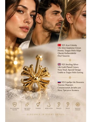 Lunexa 942 Ayar Gümüş 14K Altın Kaplama Zirkon Taşlı Unisex Hızma Küpe Çivi Halka Minimal Tragus Helix Modern TASARIM-309-19