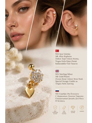 Lunexa 932 Ayar Gümüş 14K Altın Kaplama Zirkon Taşlı Unisex Hızma Küpe Çivi Halka Minimal Tragus Helix Modern TASARIM-309-9