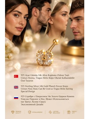 Lunexa 931 Ayar Gümüş 14K Altın Kaplama Zirkon Taşlı Unisex Hızma Küpe Çivi Halka Minimal Tragus Helix Modern TASARIM-309-8